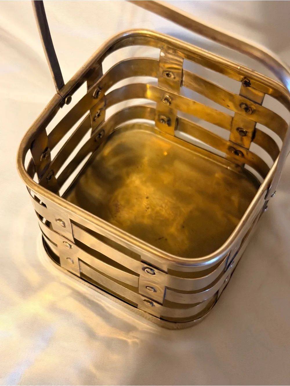 Vintage Woven Brass Basket Caddy Rustic Boho Organizer Made in India Decor